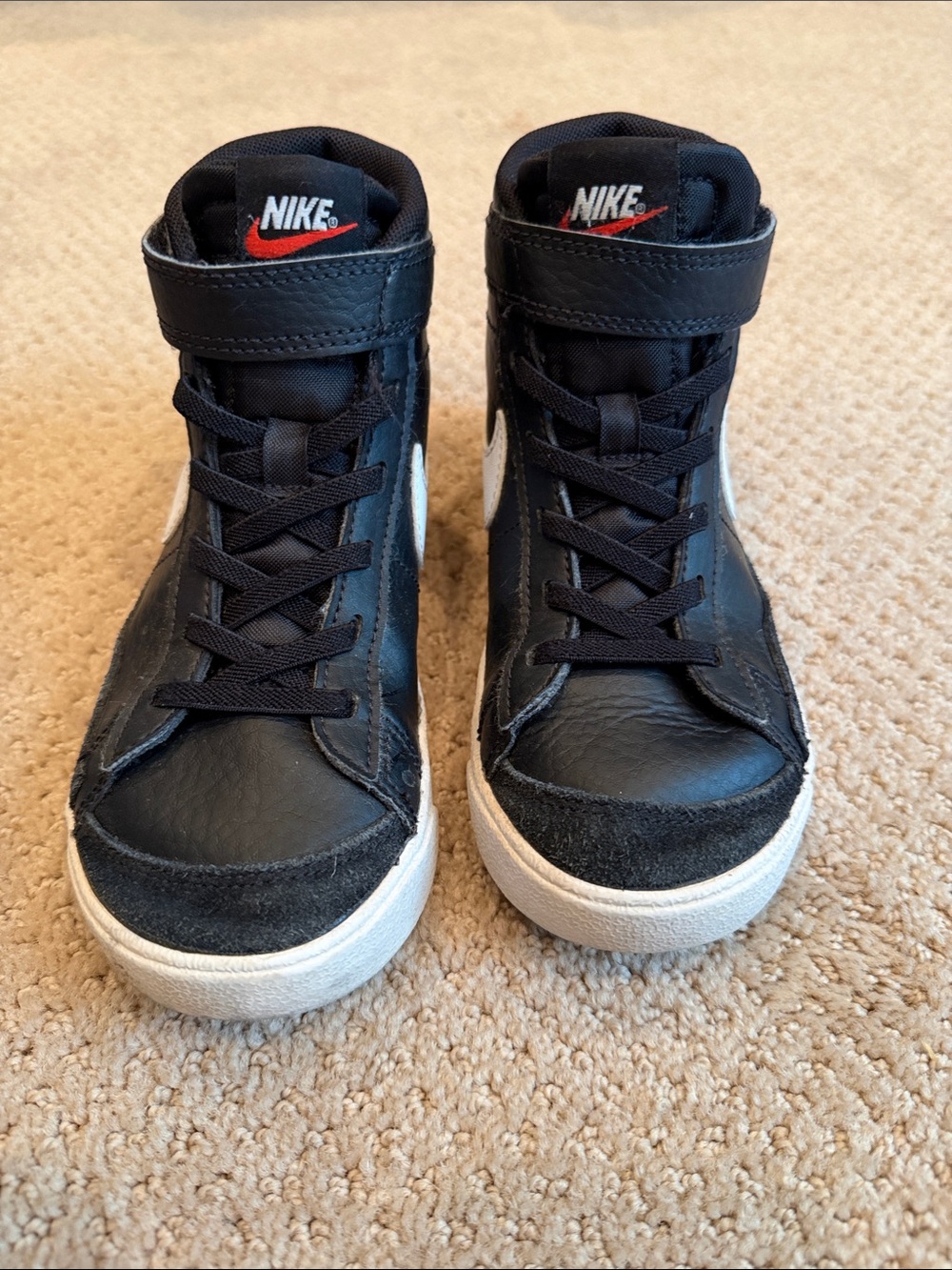 Nike Kids Black High-Top Sneakers with White Swoosh and Red Logo size 12.5